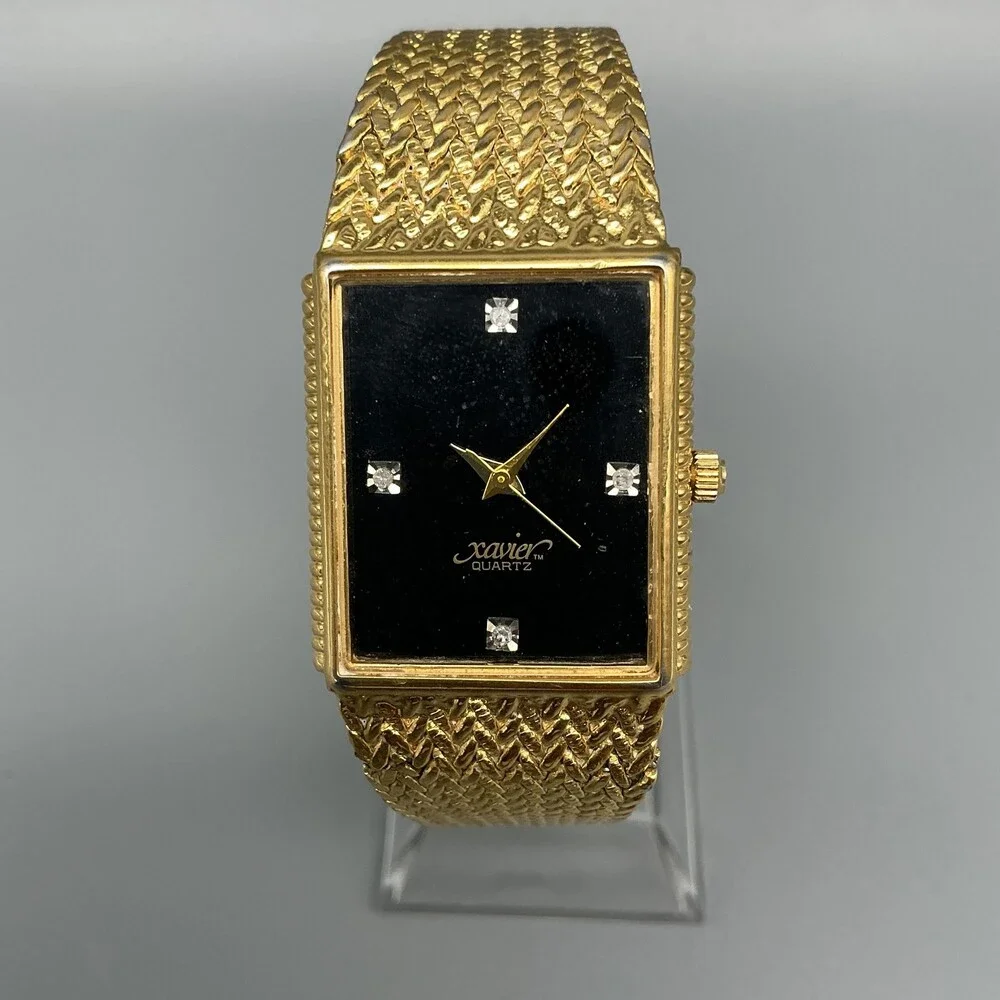 Vintage Xavier Mens Watch 23mm Black Dial Gold Tone Gem Markers New Battery